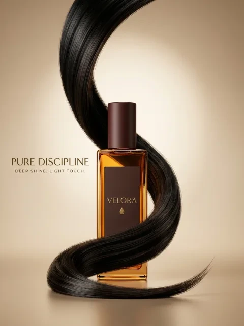 Haircare campaign with an amber bottle and sculptural flowing hair