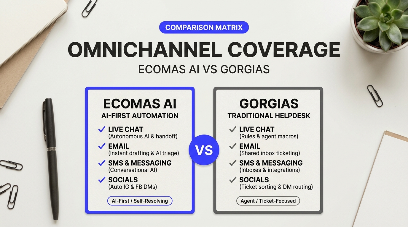 Comparison chart illustration explaining Omnichannel Coverage: Live Chat, Email, SMS, and Social Interactions in relation to ecomas ai vs gorgias