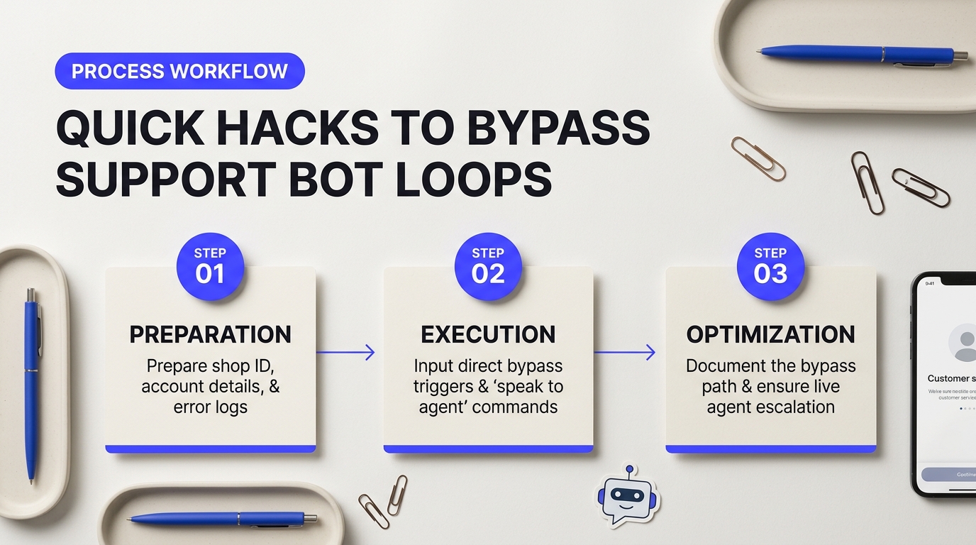 Process breakdown diagram explaining Quick Hacks to Bypass Support Bot Loops and Reach Human Support in relation to fix shopify support bot errors