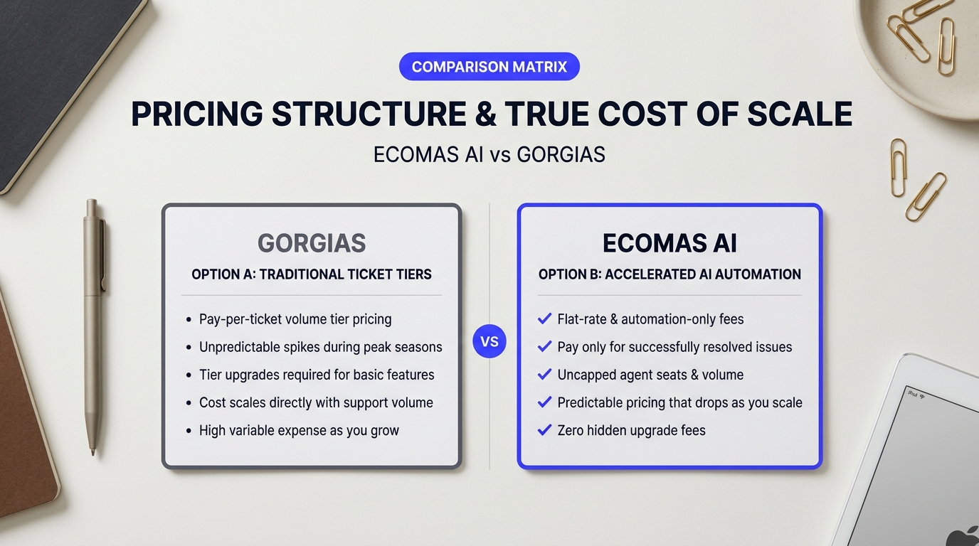 Comparison chart illustration explaining Pricing Structure and True Cost of Scale: Ticket Tiers vs. AI Automation Fees in relation to ecomas ai vs gorgias