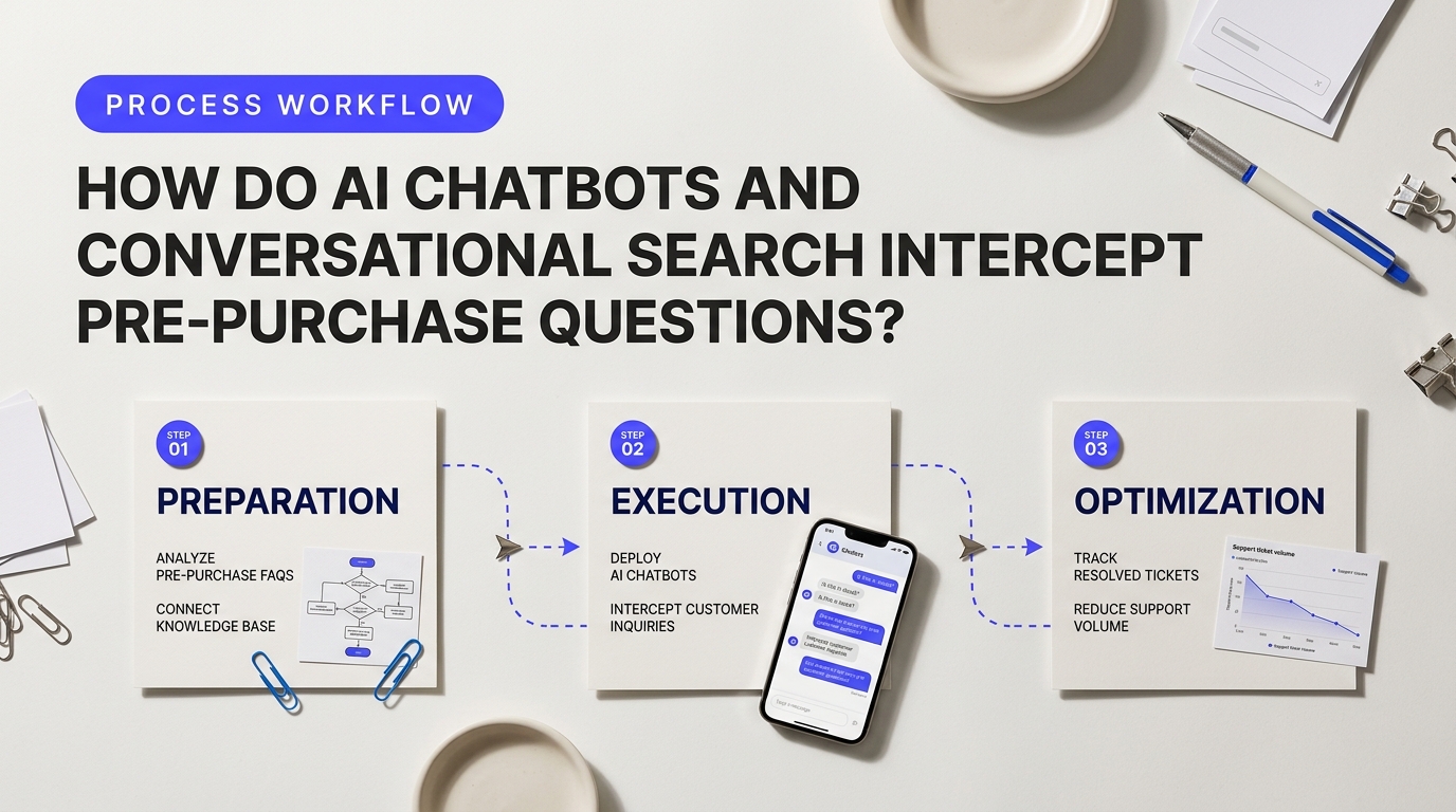 Process breakdown diagram explaining How Do AI Chatbots and Conversational Search Intercept Pre-Purchase Questions? in relation to reduce e-commerce support ticket volume