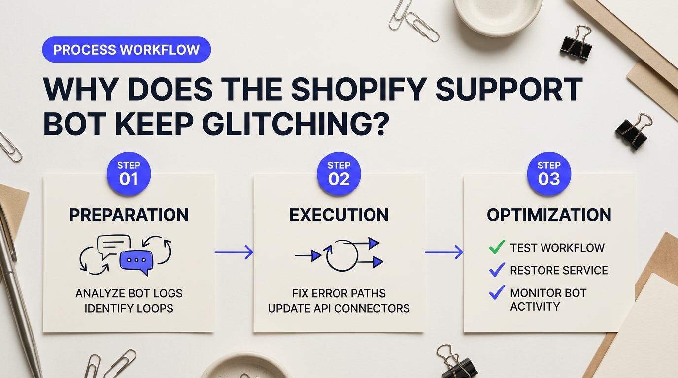 Process breakdown diagram explaining Why Does the Shopify Support Bot Keep Glitching or Infinite Looping? in relation to fix shopify support bot errors