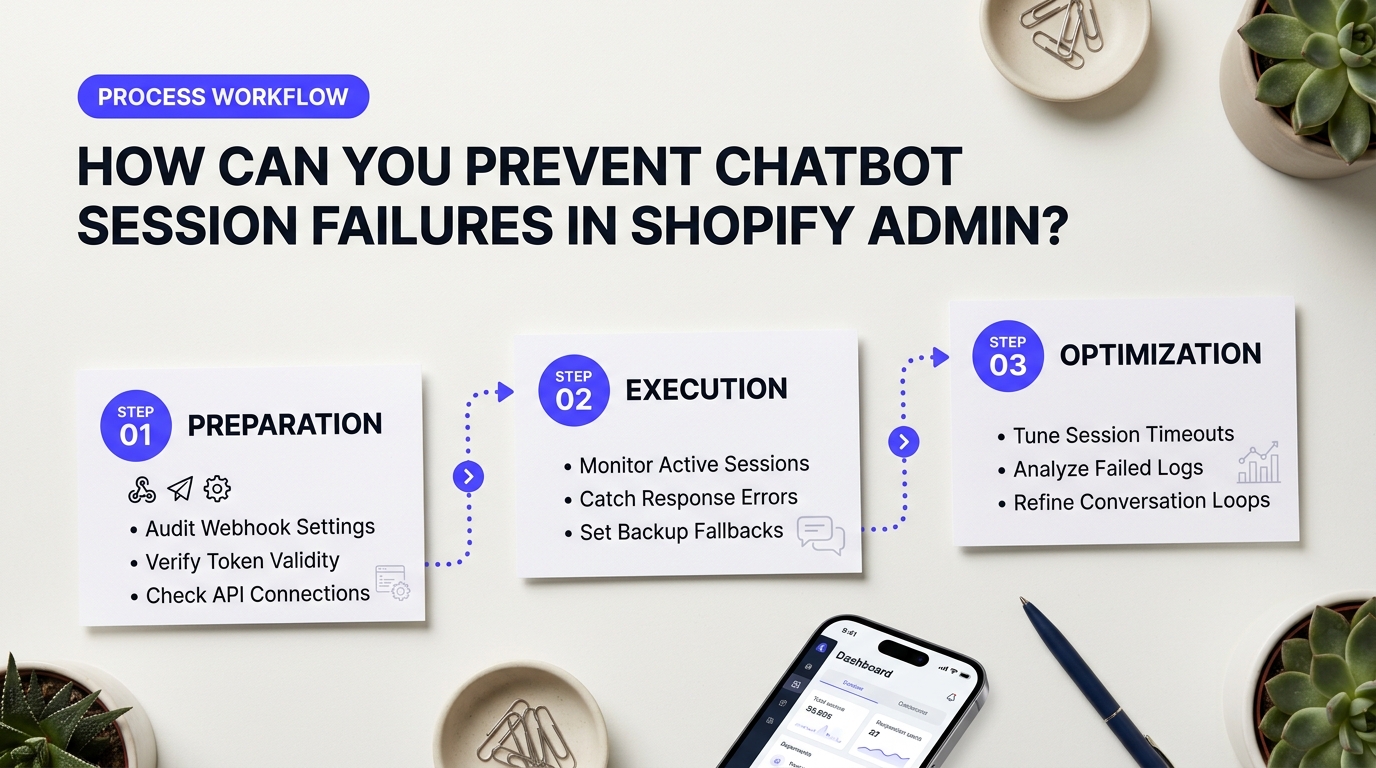 Process breakdown diagram explaining How Can You Prevent Chatbot Session Failures in Shopify Admin? in relation to fix shopify support bot errors
