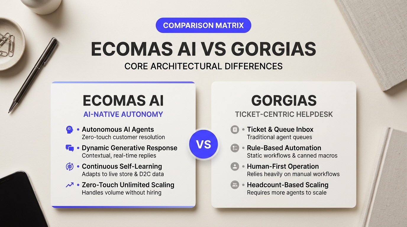 Comparison chart illustration explaining Ecomas AI vs Gorgias: Core Architectural Differences Explained