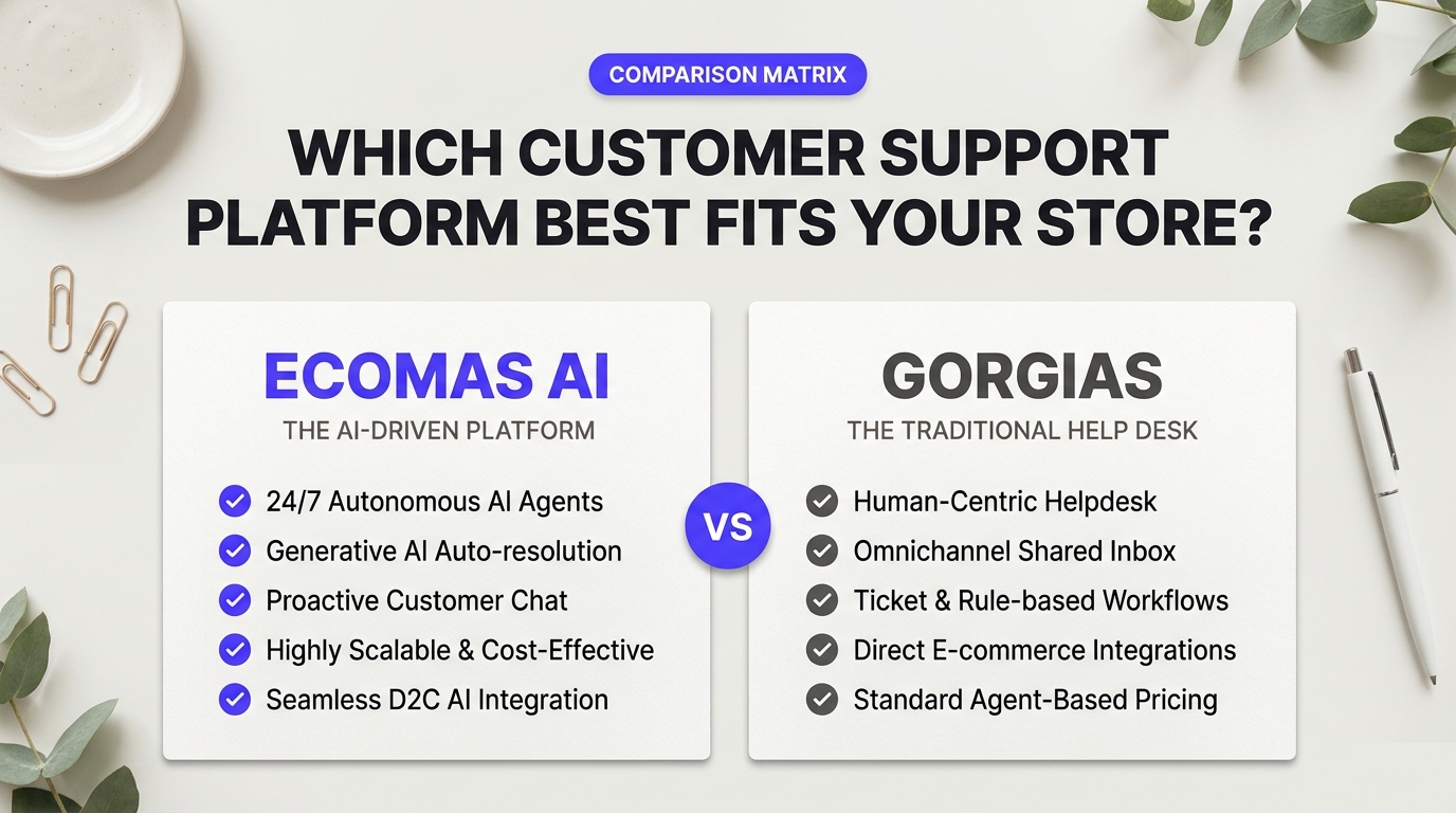Comparison chart illustration explaining Which Customer Support Platform Best Fits Your Store? in relation to ecomas ai vs gorgias