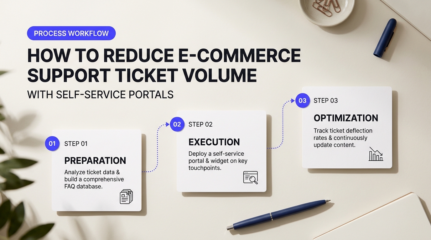 Process breakdown diagram explaining How to Reduce E-Commerce Support Ticket Volume with Self-Service Portals