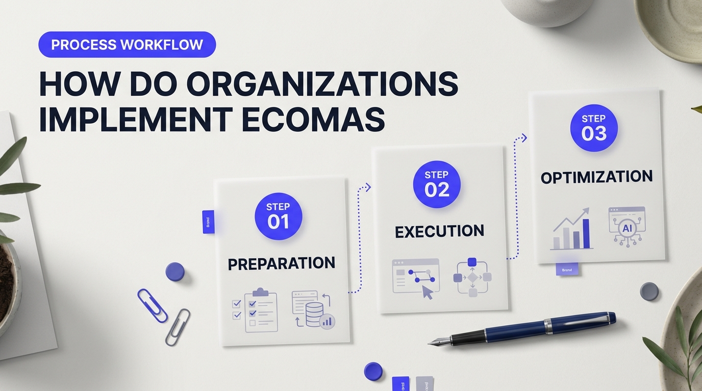 Process breakdown diagram explaining How Do Organizations Implement ECOMAS AI to Drive Operational Efficiency? in relation to what is ecomas ai