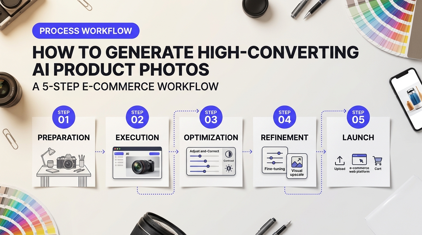 Infographic visual diagram explaining How to Generate High-Converting AI Product Photos in 5 Steps in relation to ai product photography for e-commerce