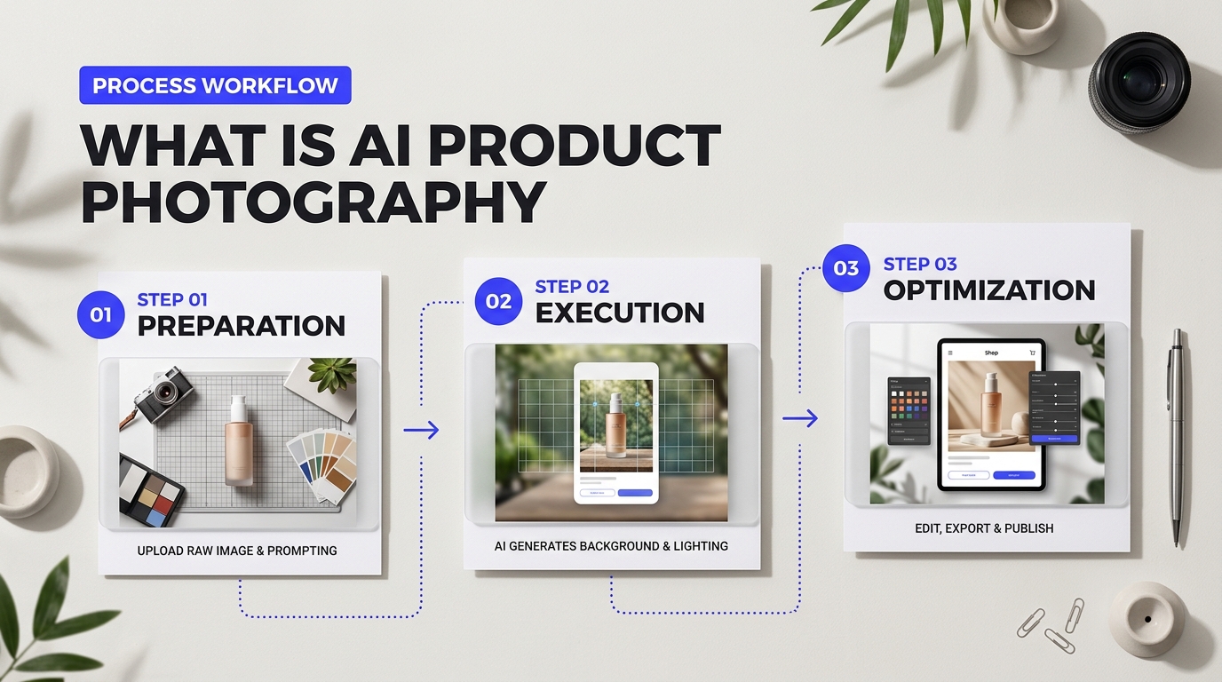 Infographic visual diagram explaining What Is AI Product Photography for E-Commerce and How Does It Work?